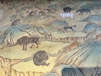 Shen Quan 沈铨 (1682-1760): 'Animals by the mountain', ink and colour on silk, dated 1728