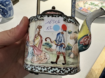 A Chinese Canton enamel 'European scene' plate and a teapot, Qianlong