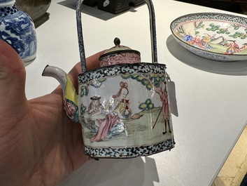 A Chinese Canton enamel 'European scene' plate and a teapot, Qianlong