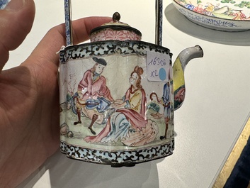 A Chinese Canton enamel 'European scene' plate and a teapot, Qianlong