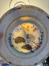 A pair of Chinese famille rose 'quail' plates, Yongzheng