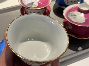 Two pairs of Chinese qianjiang cai covered bowls and saucers, Lin Lu 岺盧 signed, 19/20th C.