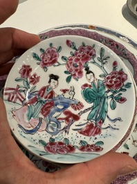 Three Chinese famille rose plates and ten saucers, Yongzheng/Qianlong