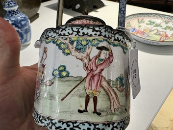 A Chinese Canton enamel 'European scene' plate and a teapot, Qianlong