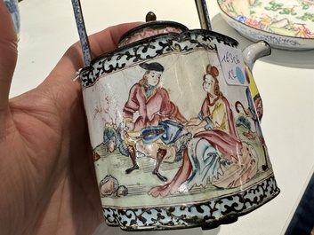 A Chinese Canton enamel 'European scene' plate and a teapot, Qianlong