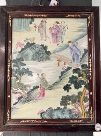 A Chinese famille rose 'eight immortals' plaque in a wooden frame, 18/19th C.