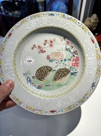 A pair of Chinese famille rose 'quail' plates, Yongzheng