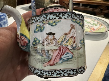 A Chinese Canton enamel 'European scene' plate and a teapot, Qianlong