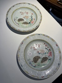 A pair of Chinese famille rose 'quail' plates, Yongzheng