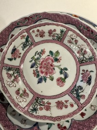 Three Chinese famille rose plates and ten saucers, Yongzheng/Qianlong