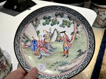 A Chinese Canton enamel 'European scene' plate and a teapot, Qianlong