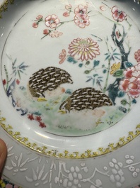 A pair of Chinese famille rose 'quail' plates, Yongzheng