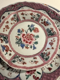 Three Chinese famille rose plates and ten saucers, Yongzheng/Qianlong