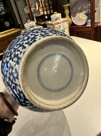 A Chinese blue and white bottle-shaped 'lotus scroll' vase and a pair of square famille verte flasks and covers, 19th C.