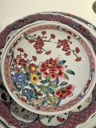 Three Chinese famille rose plates and ten saucers, Yongzheng/Qianlong