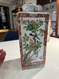 A Chinese blue and white bottle-shaped 'lotus scroll' vase and a pair of square famille verte flasks and covers, 19th C.