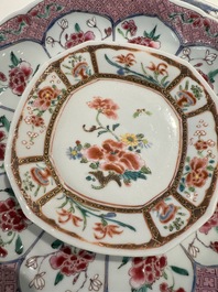 Three Chinese famille rose plates and ten saucers, Yongzheng/Qianlong