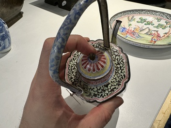 A Chinese Canton enamel 'European scene' plate and a teapot, Qianlong