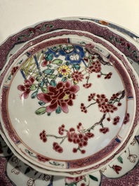 Three Chinese famille rose plates and ten saucers, Yongzheng/Qianlong