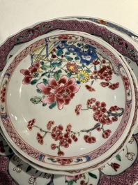 Three Chinese famille rose plates and ten saucers, Yongzheng/Qianlong