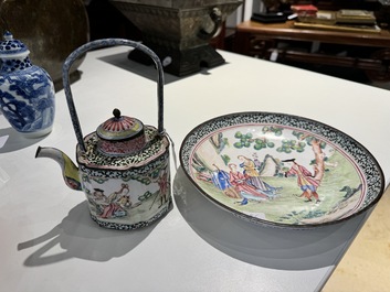 A Chinese Canton enamel 'European scene' plate and a teapot, Qianlong