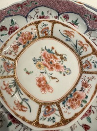 Three Chinese famille rose plates and ten saucers, Yongzheng/Qianlong