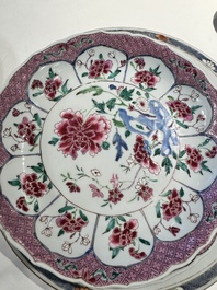 Three Chinese famille rose plates and ten saucers, Yongzheng/Qianlong
