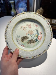 A pair of Chinese famille rose 'quail' plates, Yongzheng