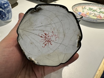 A Chinese Canton enamel 'European scene' plate and a teapot, Qianlong