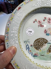 A pair of Chinese famille rose 'quail' plates, Yongzheng