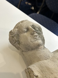 A stone sculpture of a man with the Freemasonry logo, probably France, 18th C.