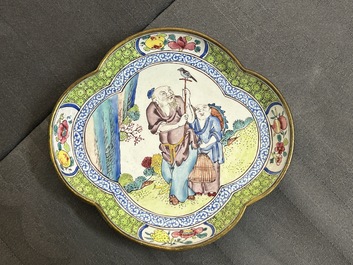 Three Chinese Canton enamel saucers and a bowl, Shangxin 赏心 mark, Yongzheng/Qianlong