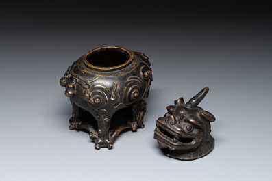 A fine Chinese bronze luduan-form censer and cover, Ming