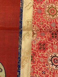 Three Chinese embroidered silk cloths with figural designs, 19/20th C.