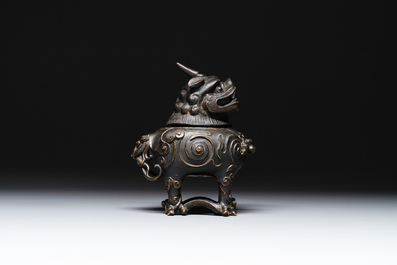 A fine Chinese bronze luduan-form censer and cover, Ming