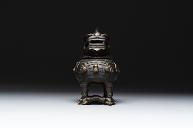 A fine Chinese bronze luduan-form censer and cover, Ming