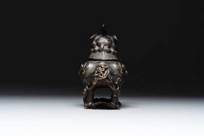 A fine Chinese bronze luduan-form censer and cover, Ming