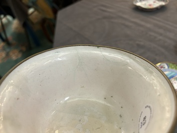 Three Chinese Canton enamel saucers and a bowl, Shangxin 赏心 mark, Yongzheng/Qianlong