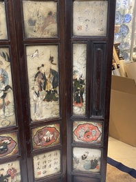 A Chinese seven-fold wooden table screen with painted marble plaques, 19th C.