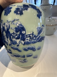 A Chinese famille rose covered bowl, a vase and a blue and white celadon-ground jar, 19/20th C.