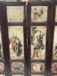 A Chinese seven-fold wooden table screen with painted marble plaques, 19th C.