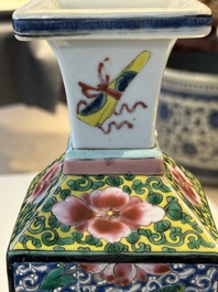 A square Chinese famille rose vase and stand with gilt bronze mount, Yongzheng