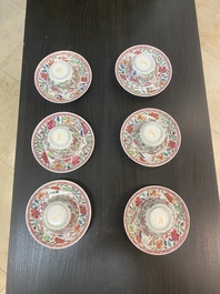 Six Chinese famille rose 'antiquities' cups and saucers, Yongzheng