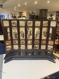 A Chinese seven-fold wooden table screen with painted marble plaques, 19th C.