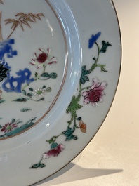 A pair of famille rose 'rooster' plates and a pair of 'floral' plates, Qianlong