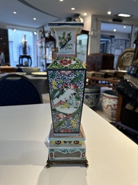 A square Chinese famille rose vase and stand with gilt bronze mount, Yongzheng