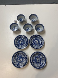 Five Chinese blue and white cups and four saucers with boys carrying a vase, Kangxi mark, Guangxu