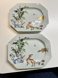 A pair of Chinese octagonal famille rose 'water buffalo' dishes, Qianlong