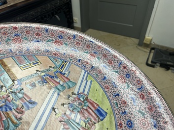 A large Chinese Canton enamel dish with narrative design, 19th C