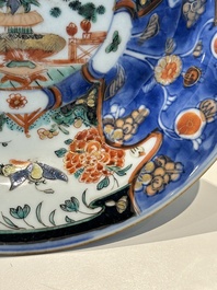 Three Chinese verte-imari 'Stanislaw' plates and five famille rose plates, Kangxi/Yongzheng